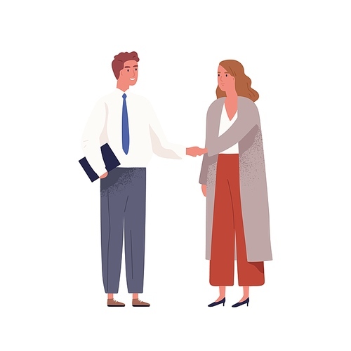 Businessman in office suit meeting businesswoman and shake hands. Scene of hiring for job, making agreement or successful partnership. Flat vector cartoon illustration isolated on white .