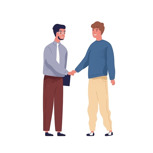 IT specialist and businessman meet and shake hands. Scene of hiring an employee for office job, successful investment, agreement or sponsorship. Flat vector cartoon illustration isolated on white.