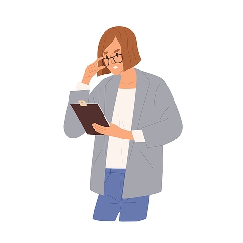 Angry businesswoman feeling nervous holding clipboard vector flat illustration. Irritated female boss looking on mistake at documents isolated. Woman office worker having problem or misunderstanding.