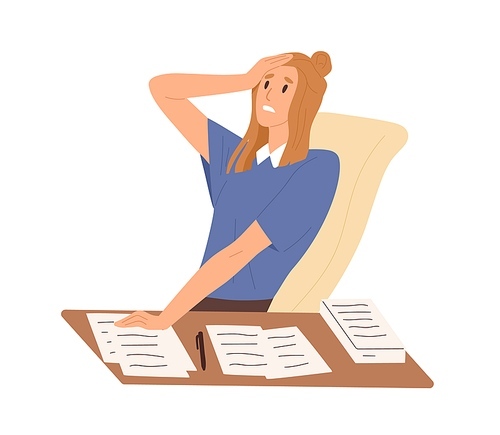 Stressed female worried about paperwork sitting at desk vector flat illustration. Frustrated woman make mistake in documents isolated. Nervous office worker having problem or misunderstanding.