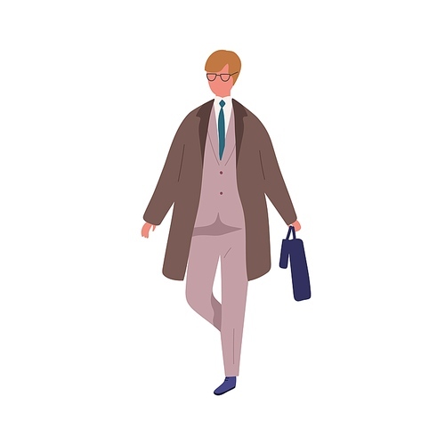 Business male in trendy suit carrying briefcase and umbrella vector flat illustration. Businessman in coat walking or hurry isolated on white. Man in stylish outfit with suitcase going outdoor.