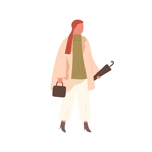 Girl in trendy outfit carrying umbrella and handbag vector flat illustration. Stylish female walking outdoor at spring or autumn clothes isolated on white. Busy fashionable woman going on street.