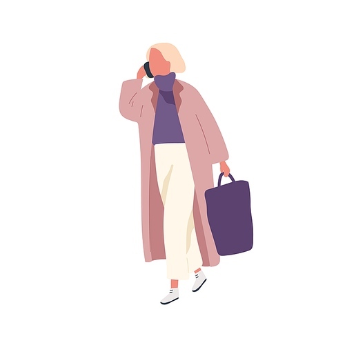 Busy fashion female talking smartphone carry handbag vector flat illustration. Woman in trendy outfit walking outdoor use mobile isolated on white. Girl in warm coat going on street at spring season.