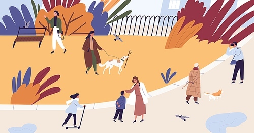People walking and spend time together at autumn park vector flat illustration. Man, woman and children relax, photographing, riding on kick scooter and playing with dog. Seasonal outdoor activity.