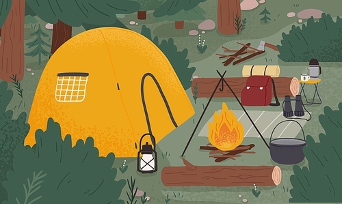 Empty forest touristic camp with tent and bonfire vector flat illustration. Equipment for adventure tourism and active lifestyle. Campsite or halt during travel, bushcraft or backpacking.