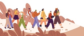 Flat vector cartoon illustration of people following influencer or teamleader. Leader inspire partners or crowd, showing the direction. Concept of teamwork, supervision, leadership or group guidance.