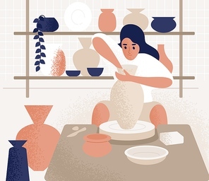 Focused woman making pot on potter's wheel vector flat illustration. Ceramist female at pottery workshop or courses. Girl create earthenware, crockery and other ceramics. Artist during handicraft.