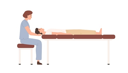 Female massagist or osteopath massaging neck area to male client vector flat illustration. Woman doctor or physiotherapist sitting on chair making massage to lying on couch man isolated on white.