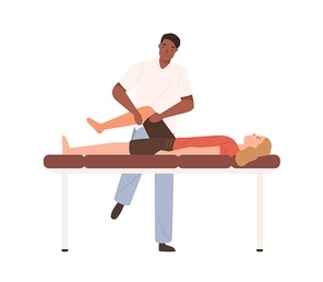Dark skin male chiropractor making rehabilitation massage of legs to female patient vector flat illustration. Doctor or osteopath practicing alternative medical treatment work with client isolated.