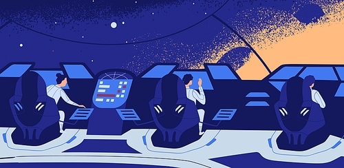Group of astronauts sitting at control panel during spaceflight vector flat illustration. Male and female crew members travel in open space. Cosmonauts inside of interstellar spacecraft or spaceship.