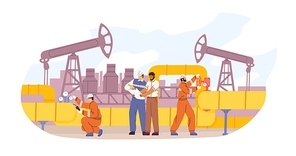 Oil or gas pipeline service vector flat illustration. Engineer and oilman looking to professional document isolated. Team of diverse technician workers control and check pressure work together.