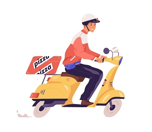 Pizza deliveryman ride on scooter vector flat illustration. Male courier express delivering pizzeria order isolated on white. Smiling guy in protective helmet carrying box with tasty hot food.