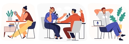 Set of cartoon smiling people listening and recording audio podcast or online show vector flat illustration. Joyful person radio host interviewing guest, mass media broadcasting isolated on white.