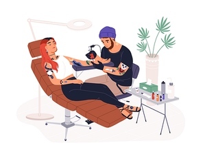 Hipster guy tattoo master at work vector illustration. Professional tattooer working with female client use ink machine at studio isolated on white. Male tattooist create adornment on hand.