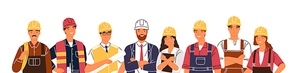 Team of builders and industrial workers standing together vector flat illustration. Portrait of smiling colleagues in uniform and hard hats isolated. Man and woman industry or construction employees.