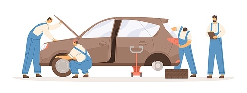 Group of male mechanics working at car repair service vector flat illustration. Professional workman in overalls during maintenance automobile isolated on white. Lifting and checking of vehicle.
