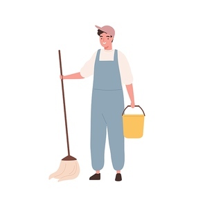 Guy cleaning staff with mop and bucket vector flat illustration. Happy male janitor in cap and uniform with equipment for washing floor isolated. Man professional house worker or office cleaner.
