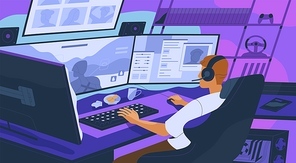 Gamer boy playing online network computer games at cybersport competition. Streamer playing shooter on professional screens at tournament. Flat vector illustration with cyber sportsman in the evening.