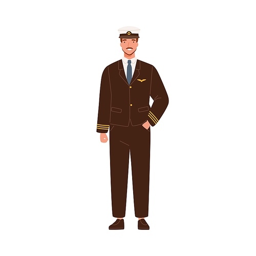 Smiling male aircraft pilot in modern uniform and cap vector flat illustration. Happy man aircrew captain or aviator with mustache and beard standing isolated on white. Professional airman posing.