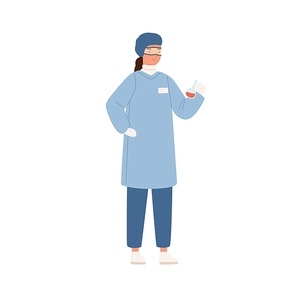 Female scientist in protective uniform hold beaker with chemical composition vector flat illustration. Woman chemist or researcher with flask isolated. Making experiments for scientific research.