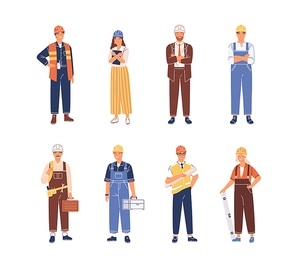 Set of smiling people industry or construction workers, engineers vector flat illustration. Collection of man and woman in uniform and hard hats isolated on white. Person with professional equipment.