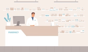 Friendly male pharmacist standing at counter in pharmacy vector flat illustration. Positive seller in white medical coat working at drugstore. Man apothecary at pharma store interior.