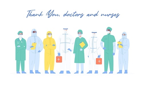 Team of professional medical staff in safety costumes standing together vector illustration. Group of diverse physicians with inscription Thank you, doctors and nurses on white background.