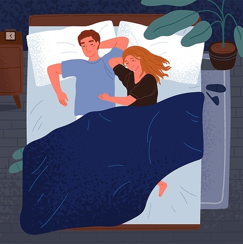 Happy couple sleeping together on bed vector flat illustration. Enamored man and woman hugging relaxing at night top view. Married pair in sleepwear lying on pillow under blanket at bedroom.