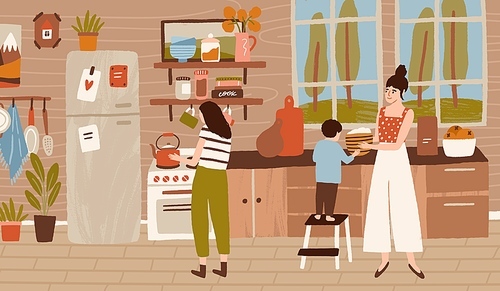 Happy family cooking dinner at kitchen together. Mother, daughter and child doing housework, household, preparing food, lunch. Home scene of daily routine, life. Flat vector cartoon illustration.