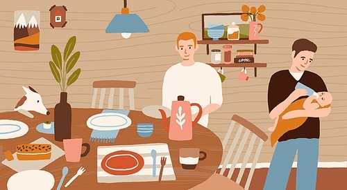 Happy family homosexual couple cooking dinner at wooden kitchen together. Gay parents doing housework, serving food, feeding baby. Home scene of daily routine, life. Flat vector cartoon illustration.