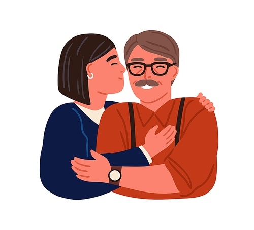 Portrait of happy hugging daughter and father vector flat illustration. Smiling teen and parent embracing feeling love to each other isolated. Family relationship of dad and female adolescent.