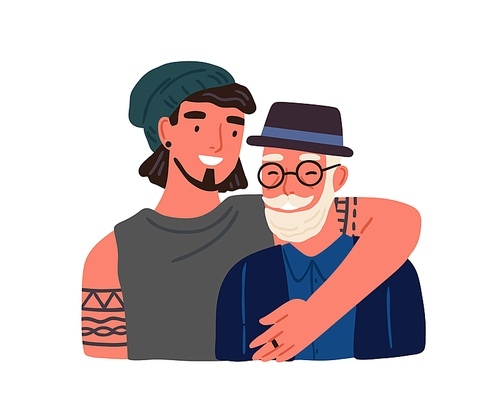 Hipster Guy Hugging Old Grandfather Feeling Love And Tenderness Vector Flat Illustration