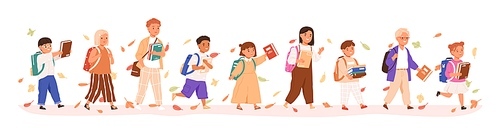 Set of boys and girls going to elementary or middle school vector illustration. Happy pupils holding books surrounded by autumn leaves isolated on white. Collection of children with backpack or bag.