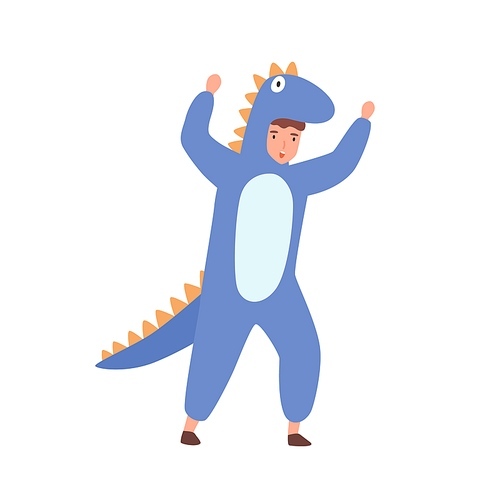 Funny boy in dinosaur costume raising hands make scaring gesture vector flat illustration. Cute male kid actor in carnival apparel isolated on white . Childish masquerade or theme party.