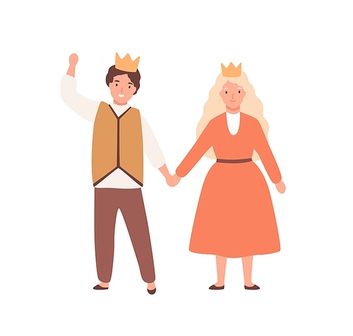 Happy children play prince and princess in theater performance. Boy and girl in carnival costumes standing together holding hands isolated on white. Cute childish actors pair. Vector flat illustration