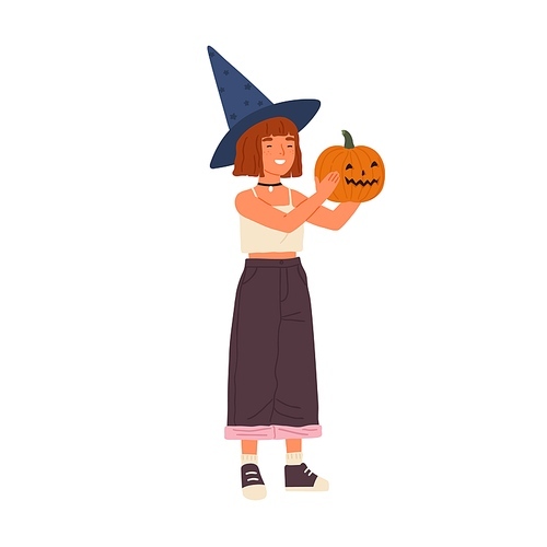 Cute happy girl wearing witch hat hold Halloween pumpkin. Funny portrait of joyful wizard showing jack o lantern. Flat vector cartoon childish illustration isolated on white .