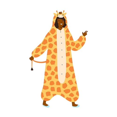 Funny dark skin woman in giraffe kigurumi at theme party vector flat illustration. Smiling female posing in cute animal costume isolated on white. Happy person wearing comfy homewear or nightwear.