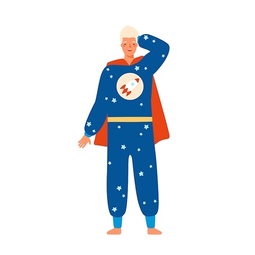 Cheerful man in superhero pajamas vector flat illustration. Happy male wearing comfy costume of hero decorated by stars and rocket isolated. Joyful guy standing in kigurumi with cloak at home party.