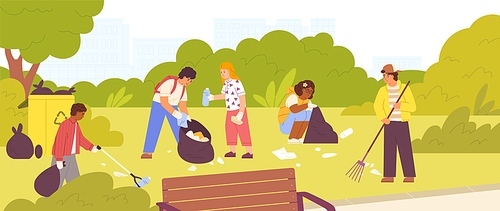 Group of diverse children cleaning up city park vector flat illustration. Boys and girls collecting garbage together use rake. Team of active kids pickup rubbish into bags. Protection environment.
