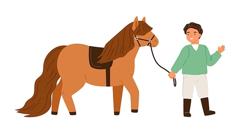 Smiling little boy walking with pony holding bridle vector flat illustration. Happy male child spending time with cute horse isolated on white. Kid going with farm animal enjoying equestrian hobby.