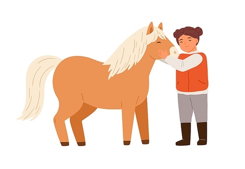 Smiling little girl hugging pony feeling love vector flat illustration. Happy child embracing and taking care to adorable horse isolated on white. Cute female kid spending time with farm animal.