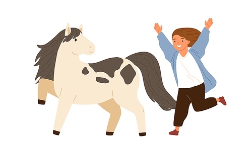 Joyful little girl running to hug adorable pony vector flat illustration. Smiling female child happy to meeting animal friend isolated on white. Cute kid and small horse enjoying friendship.