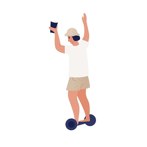 Modern guy riding on electric gyroscooter holding glass with beverage vector flat illustration. Relaxed man in hat driving self balancing transport vehicle isolated on white. Male at pool party.