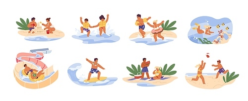 Cute children play games on summer beach. Siblings swim, dive at sea, slide at aquapark, build sand castle and surf. Scene of childhood recreation. Flat vector cartoon illustrations isolated on white.