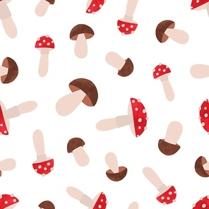 Seamless pattern with poisonous and edible mushrooms. Repeatable background with fly agaric and boletus. Colorful natural autumn backdrop. Flat vector cartoon illustration.