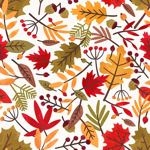 Seamless pattern with autumn leaves and berries. Colorful repeatable backdrop with oak, rowan and maple leaves and acorns for wrapping paper. Flat vector cartoon illustration of bright fall foliage.