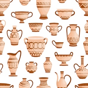 Ancient greek clay pots, vases and amphoras seamless pattern. Traditional antique ware decorated by Hellenic ornaments vector flat illustration. Pottery or ceramic utensil wallpaper template.