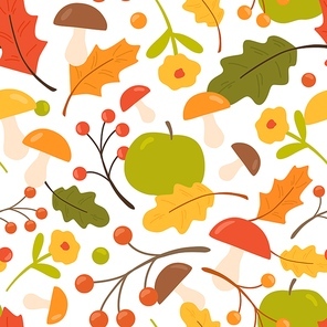 Colorful seamless pattern with oak leaves, mushrooms, apples, berries. Endless natural background with autumn foliage and flowers. Repeatable fall backdrop. Flat vector cartoon illustration.