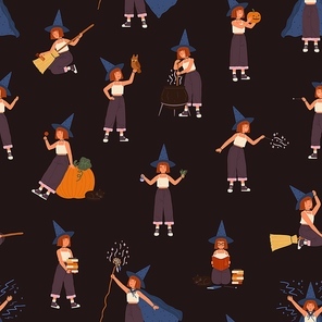 Childish seamless pattern with girl in witch hat with magic wand, potion or stick. Wizard kid on magical broomstick. Flat vector illustration with conjuring cute child, owl, books, Halloween pumpkin.