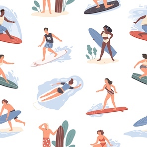 Seamless pattern of different people swimming in sea on surfboard in beachwear. Repeatable background with tropical vacation on beach. Flat vector illustration of women and men surfing in ocean.